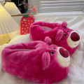 Cute Cartoon Rose Red Bear Warm Non-Slip Strawberry Home Plush Cotton Slippers For Women. 