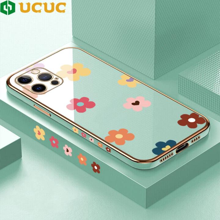 Free Lanyard of UCUC for iPhone 12 Pro Max Case INS Style Flower Luxury 6D Plating Soft Casing Silicone Ultra Thin Phone Cover
