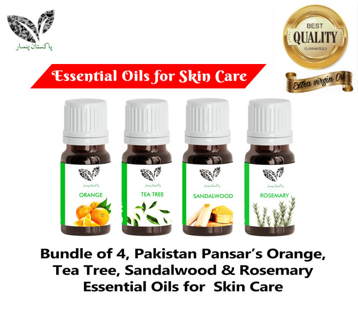 Bundle of 4, Pakistan pansar’s Orange, Tea Tree, Sandalwood and Rosemary Essential oils for skin care: