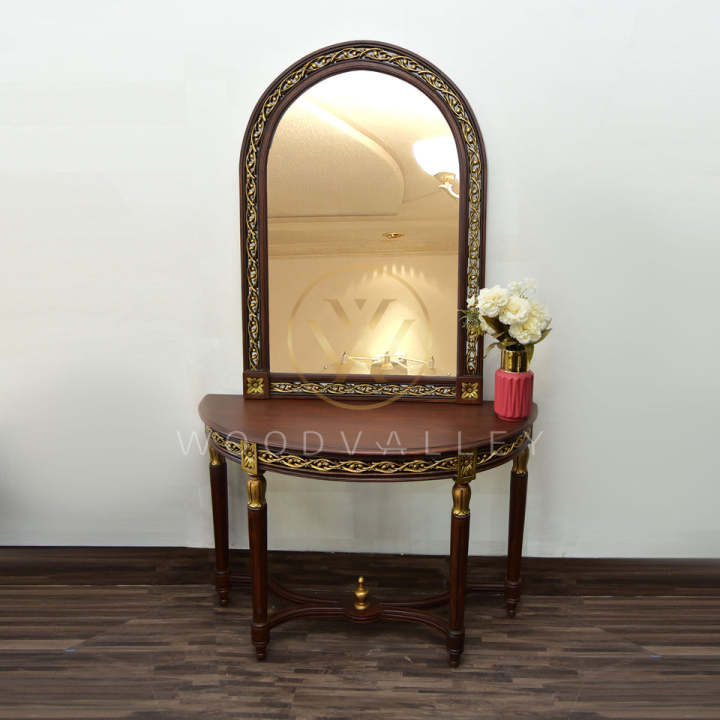 Wooden Chain Round Console-Wooden Round D Shape Console Table- Wooden Half Round Console Table for Living Room-sheesham Wood Standard, Walnut Finish-Customize