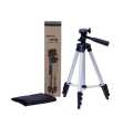 3.5 Feet Tripod Stand for Mobile Phones and Cameras with Mobile Phone Holder, Adjustable and Portable Tripod Stand Mobile and DSLR Stand for Live Stream and Vlogging Universal Tripod Stand, Silver Model 3110 with Box and Bag. 