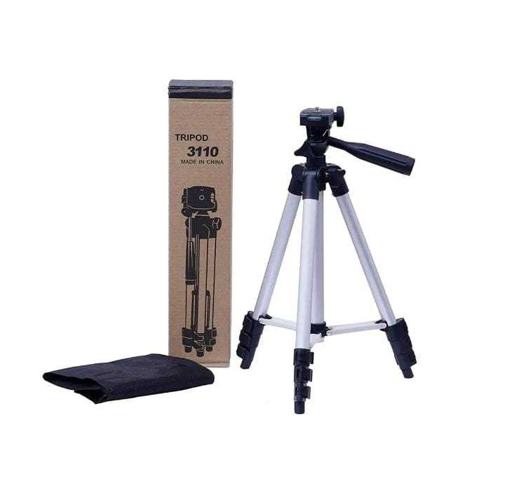 3.5 Feet Tripod Stand for Mobile Phones and Cameras with Mobile Phone Holder, Adjustable and Portable Tripod Stand Mobile and DSLR Stand for Live Stream and Vlogging Universal Tripod Stand, Silver Model 3110 with Box and Bag