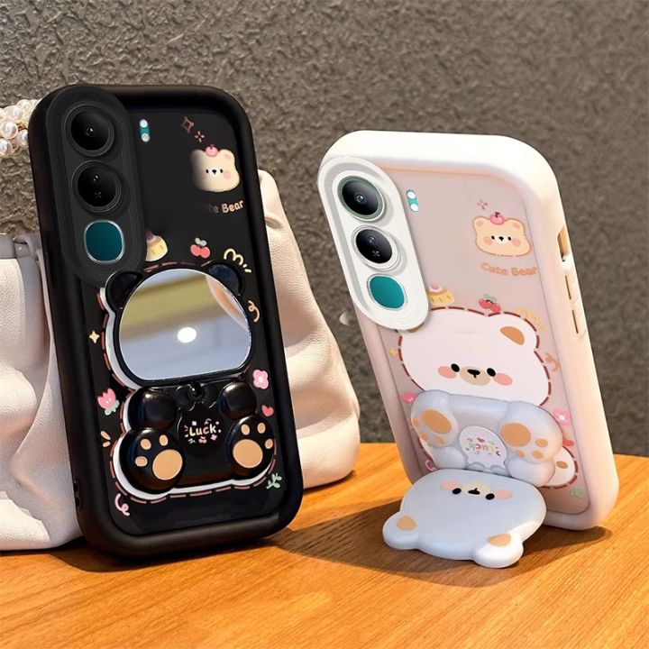 Case for vivo v40 V50 V60 lite vivo Y19S 4G y29s y04 Y29 4g V50 LITE 5G back cover Softcase Silicone shockproof Cover new design aesthetic Rotatable mirror Cute Bear with holder JTXXZJ01