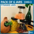 PYRAMID JAR PACK OF 6 JARS FOR KITCHEN PLASTIC STORAGE BOX BURNI ORGANIZER MASALA JAR SET CONTAINER RACK CANDY FOOD GRADE BPA FREE PURE PET MATERIAL FOR DAAL ACHAR SALT SUGAR CANDIES. 