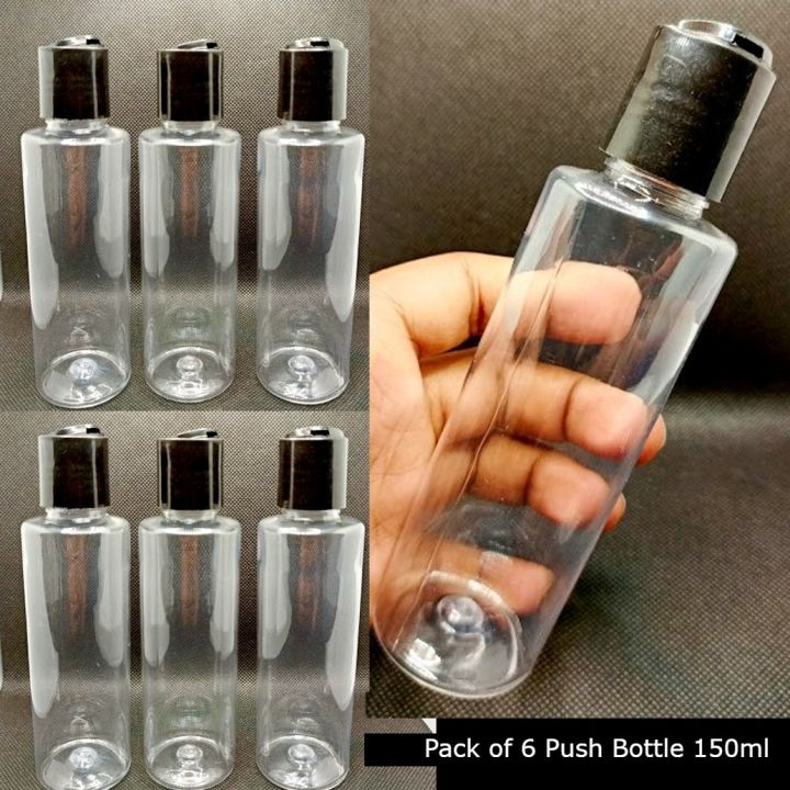 Pack of 6 Clear Empty Plastic Bottles Press Push Bottle 150ml, Hair Oil Empty Bottle Lotion Bottle, Shampoo Bottle, Handwash Bottle / Empty Plastic Bottles Push Flip Top Bottle