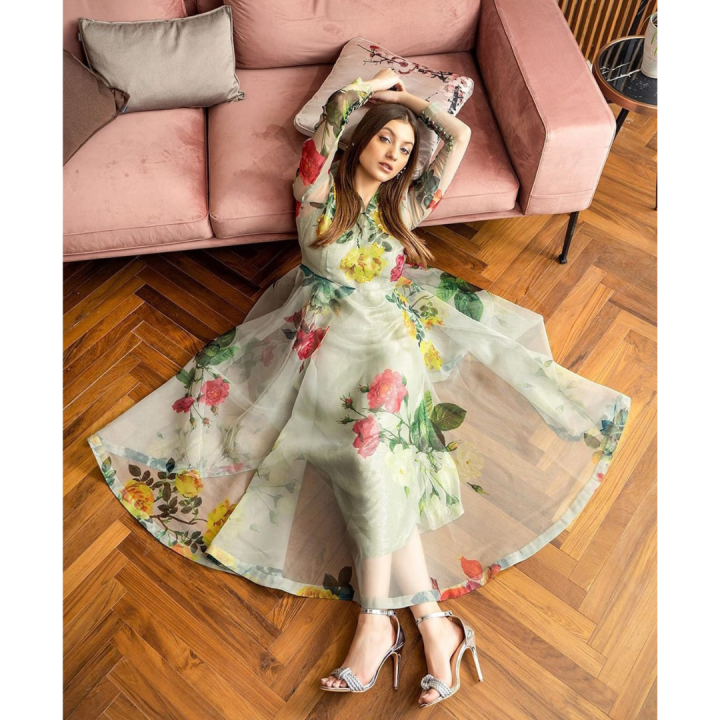 TOPMARK Green Organza Unstitched 2 Piece Printed Suit For Woman