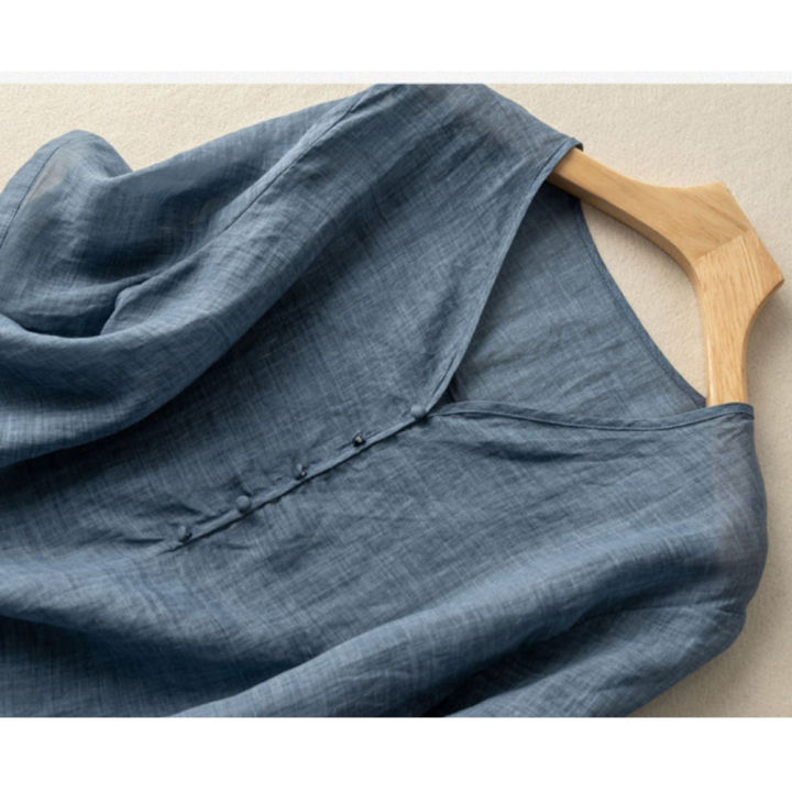 Women%20Cotton%20Linen%20Tops%20Retro%20Loose%20Solid%20Color%20Blouse%20Elegant%20V%20Neck%20Pullover%20Short%20Sleeves%20Shirt%20-%20Image%205