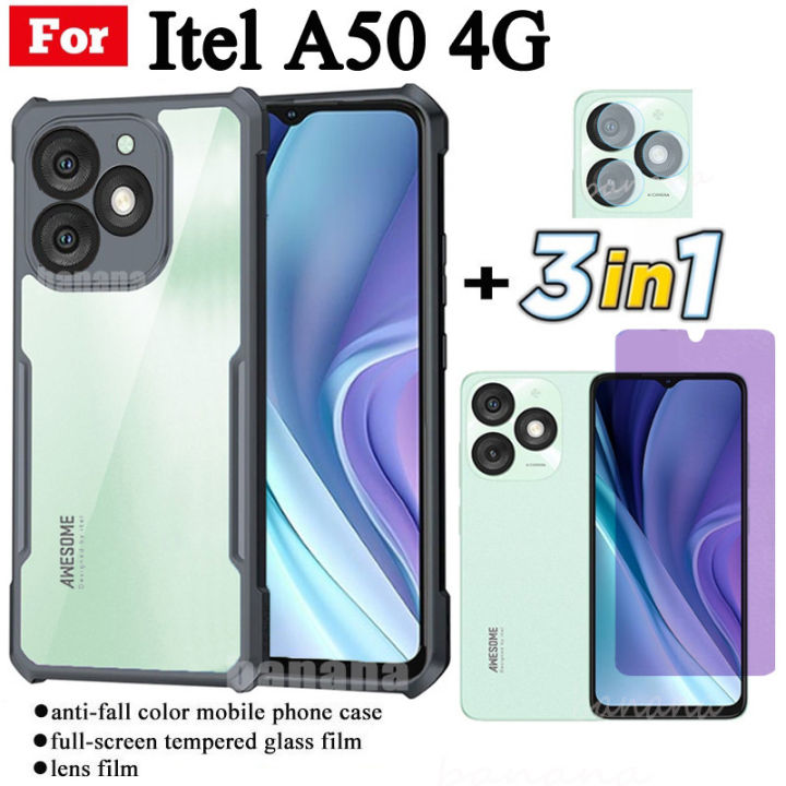 3 in 1 itel A50 4G Shockproof Phone Case for Itel A70 Anti-blue Ray Tempered Glass and Lens Film