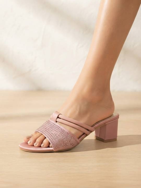 Fashionable Teal Blue Rhinestone Strap Block Heel Sandals – Fancy Party & Casual Mules for Women's