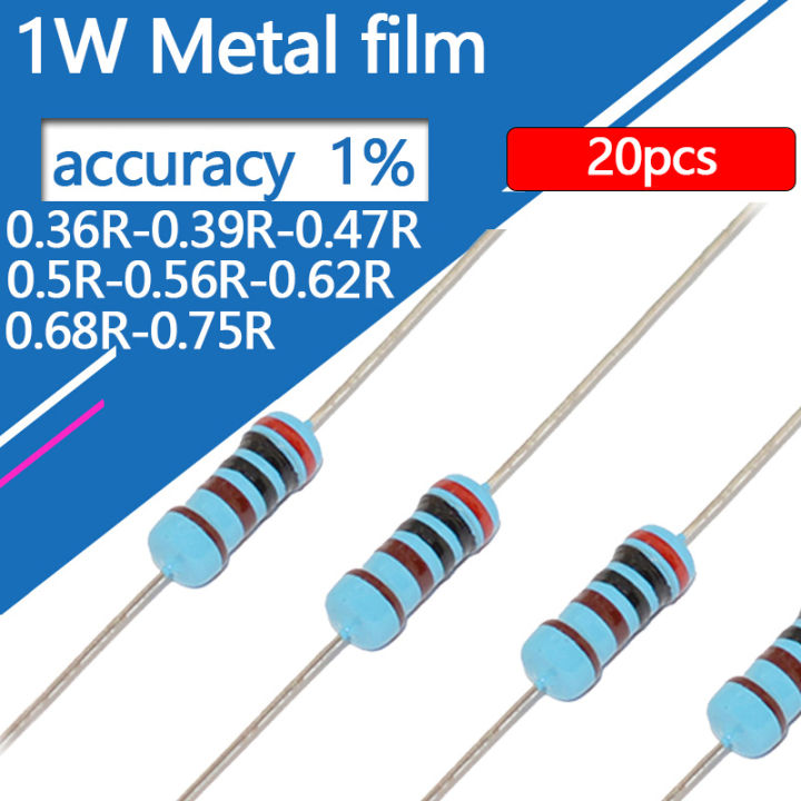 20pcs 1W Metal Film Resistor 0.36 0.39 0.47 0.5 0.56 0.62 0.68 0.75 0.51 Ohm R K Five-color Ring 1% Resistance 0.36R 0.39R 0.47R