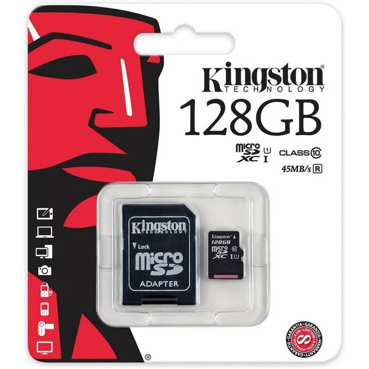 Kingston Digital 128GB microSDXC Class 10 UHS-I 45MB/s Read Card with SD Adapter (SDC10G2/128GB)