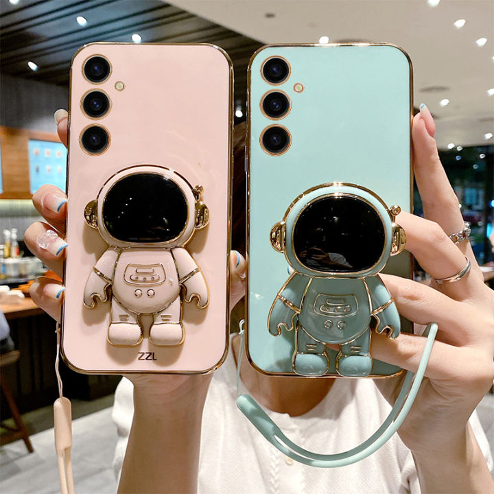 For Samsung Galaxy A05 A05s Back Cover with Lanyard + Cartoon Astronaut Folding Stand Luxury 6D Plating Square Frame Phone Case Shiny Soft Silicone Protective Cases Pouch Girls