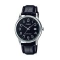 Casio General Steel Analog Black Dial Leather Band Watch for Mens-MTP-V002L-1BUDF. 