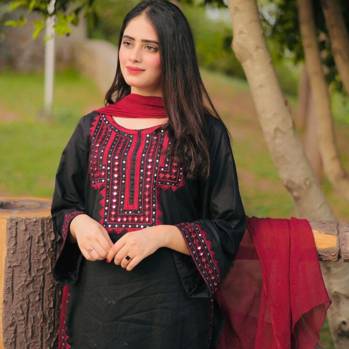 Premium Black Cotton 3PC Stitched Dress with Maroon Embroidery & Glass Detailing Traditional-Modern Fusion Design, Perfect for Casual & Party Wear, High-Quality Fabric | Daraz.pk Premium Black Cotton 3PC Stitched Dress with Maroon Embroidery & Glass Detailing Traditional-Modern Fusion Design, Perfect for Casual & Party Wear, High-Quality Fabric | Daraz.pk