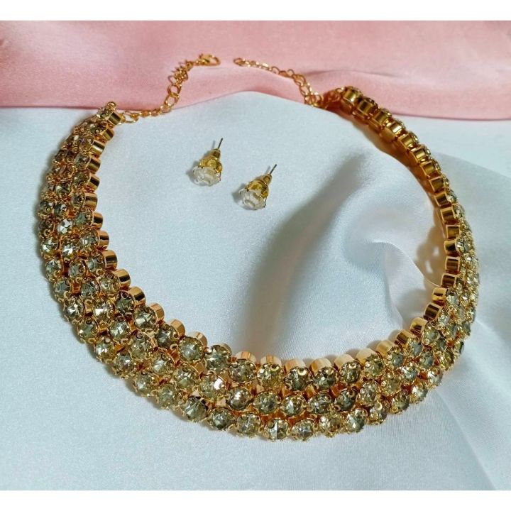 Beautiful Chokar/ necklace with tops -  Jewelry Set Necklace and earrings For Women & Young Girl - Zircon Style Gold 2 Layer Necklace Set with Studs