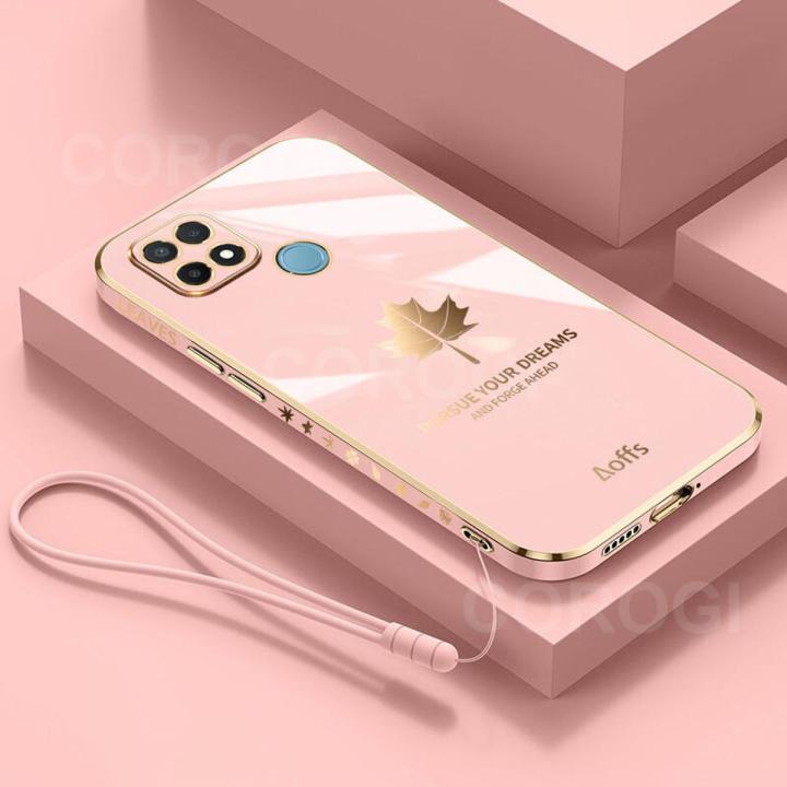 COROGI for Xiaomi Redmi 10A / Redmi 9C Back Cover + Free Lanyard Luxury 6D Plating Fancy Maple Leaf Phone Case Soft Silicone Square Bumper Stylish Girls Mobile Cases Pouch