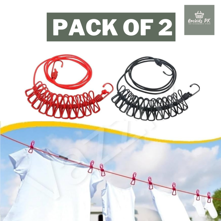 [PACK OF 2 ] Laundry Drying 180cm Elastic Hanger Rope with 12 Clips ...