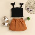 2PCS Toddler Girls Summer Clothes, Bow Strap Ribbed Knit Tank Tops + Belted Skirt Set. 