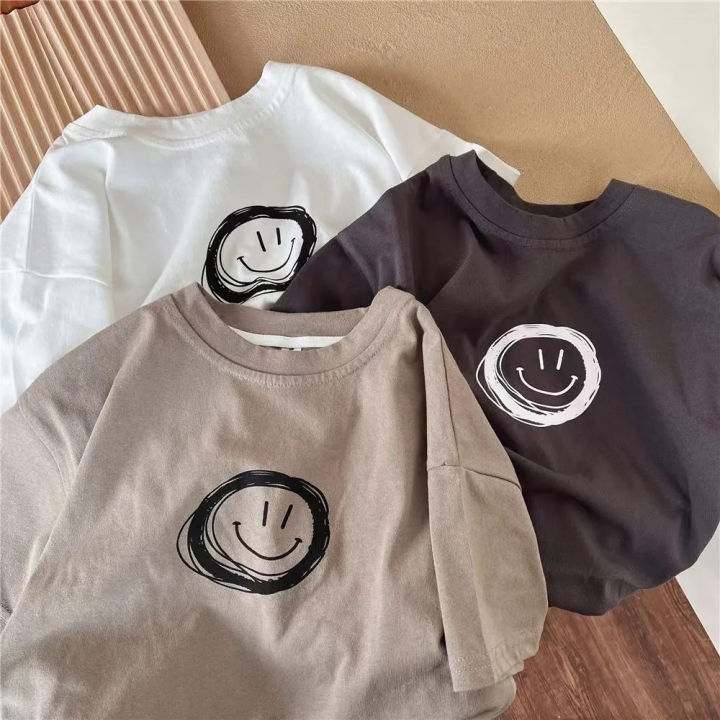 Printed smile face Korean style kids T shirt summer loose casual short sleeve tees tops boys children clothing T-shirt 2-8years