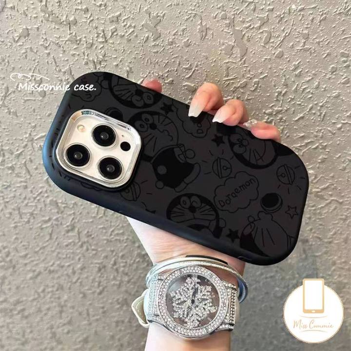 MissConnie Doodle Black Line Cartoon Cute Doraemon Candy Color Shockproof Case Compatible for iPhone 15 14 11 12 13 Pro Max 7Plus 15 8 Plus XR X XS Max SE Luxury Plating Metal Lens Soft Cover