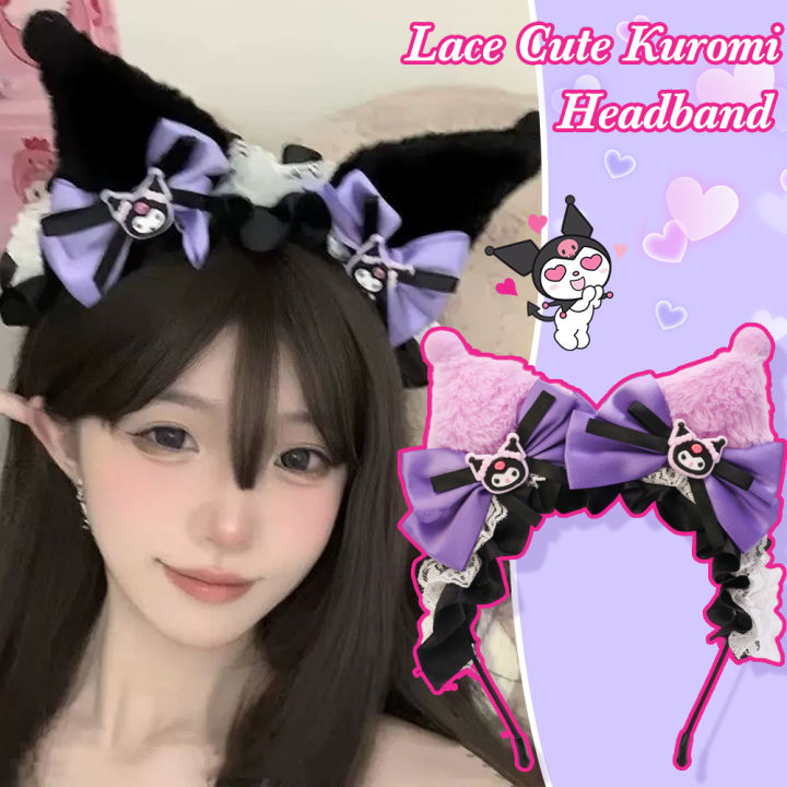 1Pcs Sanrio Cartoon Anime Kuromi Little Devil Hairband Simulation Plush Cute Ears Headband Girls Exhibition Accessories