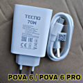 Original Tecno 70W Super Fast Charger – Type-C PD Adapter with USB Type-C Cable | Compatible with Phantom V, Camon 20 Premier, Pova Series. 