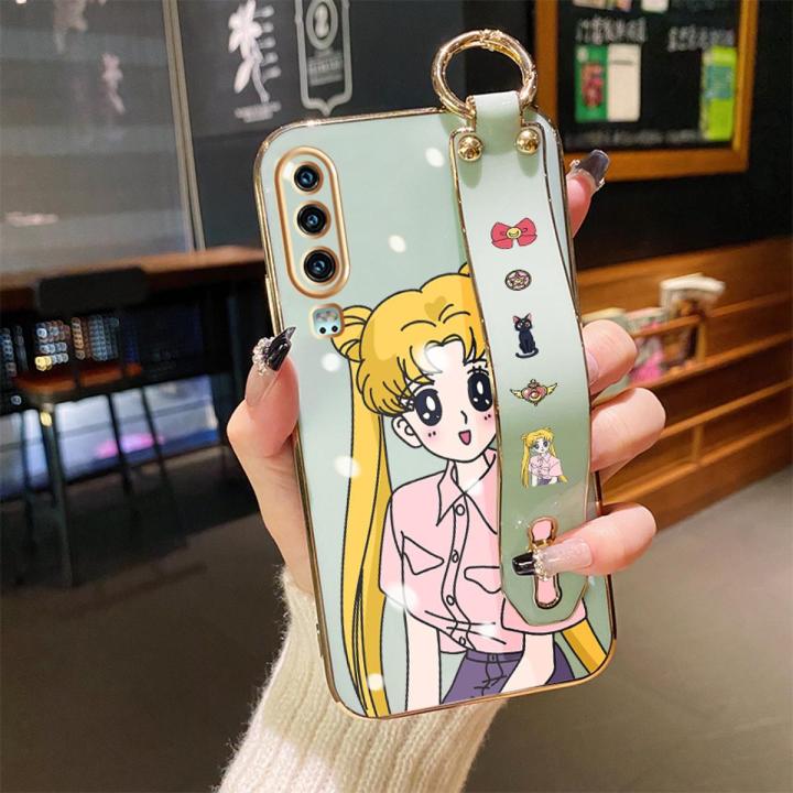 dienya For Huawei P30 Pro Case With Wristband Cartoon Fashion Sailor Moon New Design Thin Shockproof Phone Case Pattern Plating Silicone Casing Full Cover Camera SoftCase Protection Cases