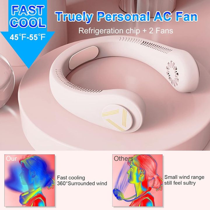 Built-in Cooling Chip Personal AC Neck Fan Truely Air Conditioner Hands-Free Wearable Fan for Quick Cool Down, 4000mAh USB Rechargeable Portable Fan for Daily Use