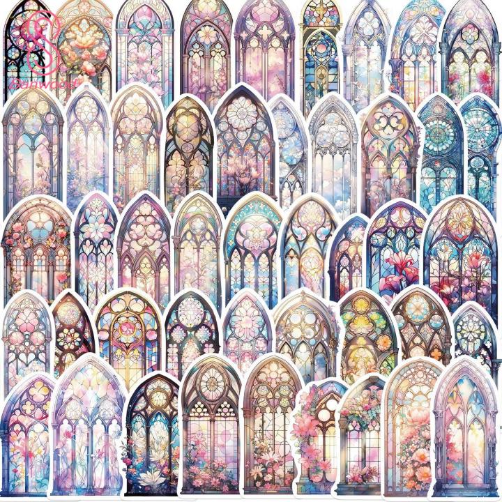 Decorative Stickers for Luggages 50pcs Cute Church Window Flower Graffiti Stickers Aesthetic Art Decals Diy Craft for Scrapbook Phone Travel Luggage Skateboard Church Window Sticker