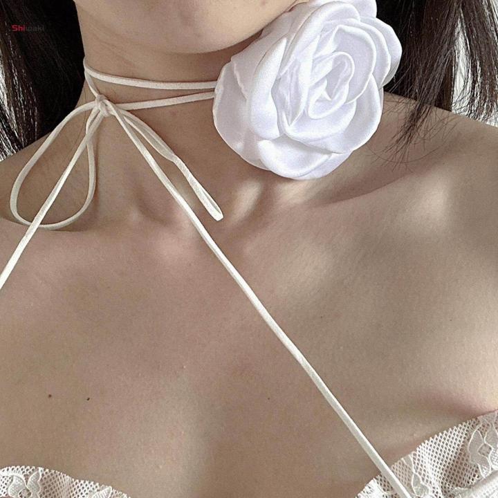 Flower Lace up Necklace Dress Jewelry Floral Choker White