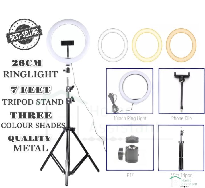 26cm RingLight With 7 Feet Stand And Phone Holder with Wired Remote Adjustable, Dimmable & 3 Colour Light Shades, 26cm Led Ring Light With 7ft Tripod Stand with USB plug for Photography, Videography, Selfie, Makeup, TikTok Ring Light.