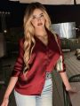 Button Down Women Maroon Satin Shirt Full Sleeves | Ladies Silk Look Button Down Shirt | Casual Formal Office Wear Blouse | Stylish Collared Top for Girls & Women | Trendy Western Fashion Shirt  Silk Pjs Women Dress Top tank. 