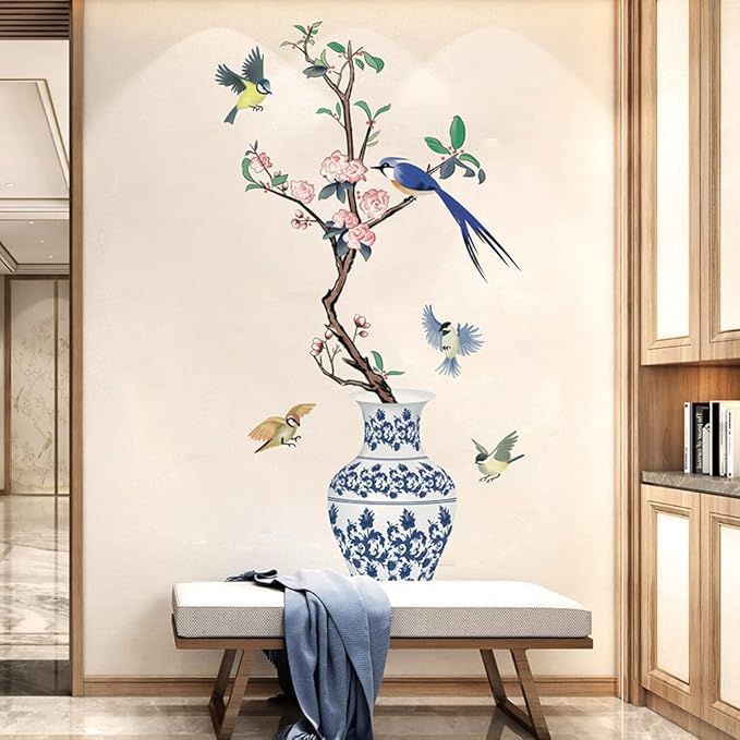 "3D Chinese Large Vase Blue Flower Wall Stickers with Romantic Floral Design – Modern Home Decor Wall Art Poster for Bedroom, Living Room, Wedding Decorations, and DIY Creative Wall Decals for Elegant Interiors"