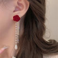 Wine Red Flocking Bow Pearl Tassel Earrings For Women Elegant Trending Luxury MJ. 