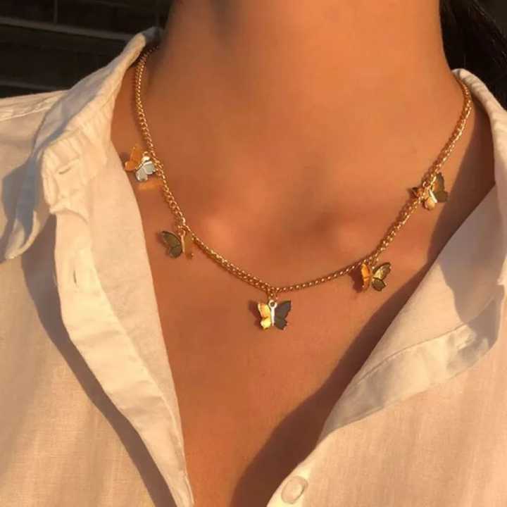 Butterfly Chain Necklace - Trending Golden Design Butterfly Pendant Necklace Choker for Women & Girls