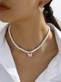 Korean Jewellery Necklace With Earring set Simple And Fresh Style Imitation Pearl & Pink Butterfly Shaped Jewellery For Girls. 