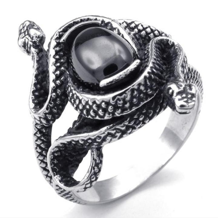 Men's Fashion Cobra Snake Ring Personality Punk Style Retro Black Gem Snake Men's Ring Arrogant Animal Jewelry Fashion Ring