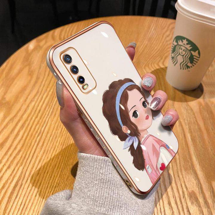 chenyyka For vivo Y20i Case Thin Side Edge Square New Design Phone Cases Cartoon Cute Girl Plating Pattern Silicone Casing Full Back Cover Camera Protection Shockproof Softcase