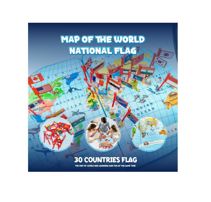 World Map for Kids Learning With 30 Countries Flags with Language, Capital, Currency, Continent, Area, National Animal, Famous Place - Wooden Material