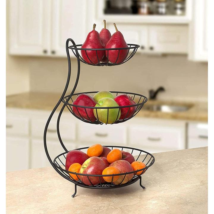 Alloy Steel 3 Tier Steel Fruit and Vegetable Basket for Kitchen, Dining Table - Fruit Bowl, Counter Top Rack (Black)