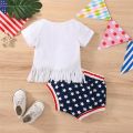 2 Pcs Independence Day Pants Set, Baby Girls Letter & Heart Print Short Sleeve Tassel T-shirt + Star & Stripe Print Shorts. 