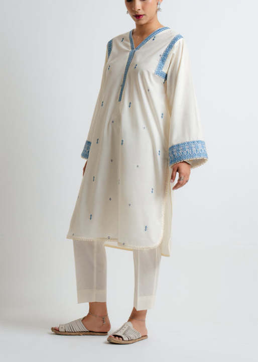2-Piece Stitched Embroidered suit 2pcs Suit for women Stitched Off-White & Blue ready to wear 2 pc dress