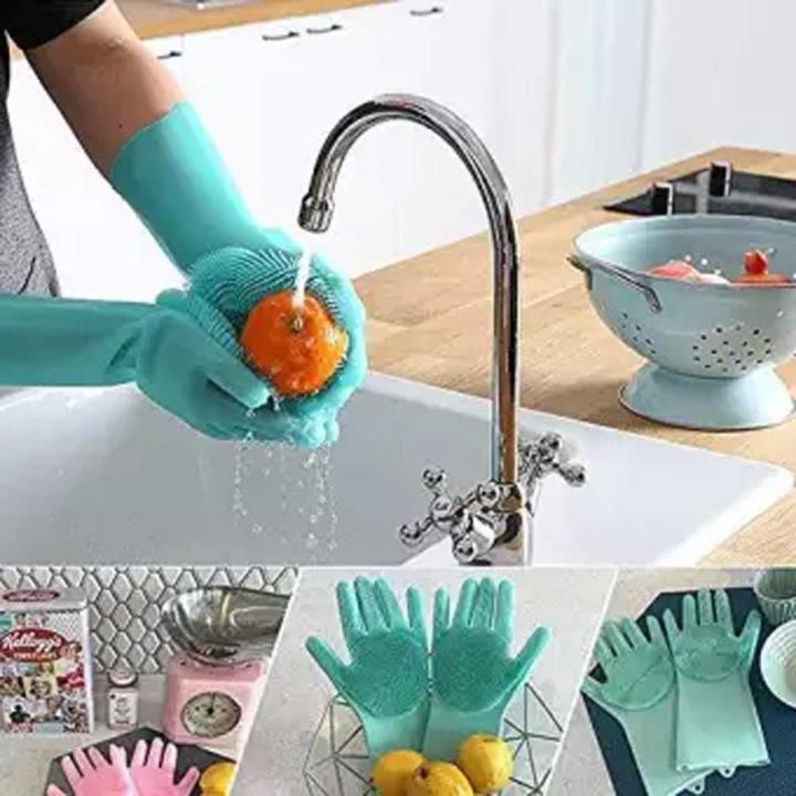 Magic Dish washing Gloves with scrubber, Silicone Cleaning Reusable Scrub Gloves for Wash Dish,Kitchen, Bathroom 1 Pair