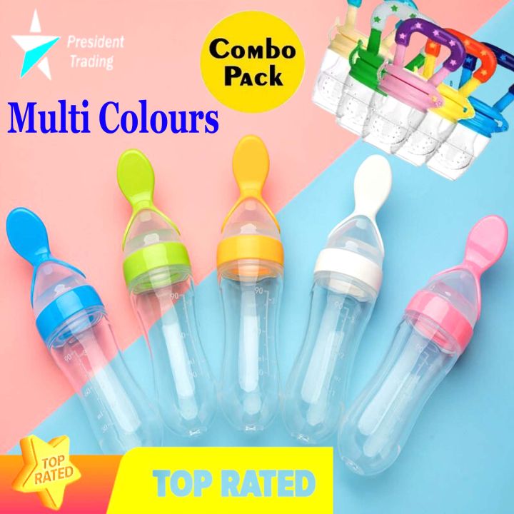 Pack of 2 Baby Spoon Feeder Silicone with Fruit Pacifier - Silicone Spoon for BabyFeeding with Pacifier - Baby Silicone Squeeze Spopn Feeder for Crawling Baby and Toddlers