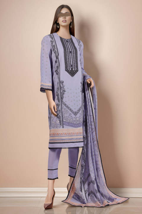 Saya Unstitched 3 Piece Embroideredroidered Cotton Filament 3 Piece Suit For Women and Girls - Color: Purple - Fabric: Cotton Filament - Design code: WUNS-4092 - KW: dress for girls , dresses for women