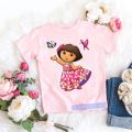 Fashion Kawaii Girls T-Shirt Dora Explorer Cartoon Print Kids Tshirt Summer Aesthetic Girls T Shirt Pink Short-Sleeved Tops. 