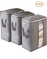 Pack of 3 cloths storage bag- large collapsible clothing organizer - wardrobe storage bags for cloths-clothes storage with zip-Foldable storage bag (Grey). 
