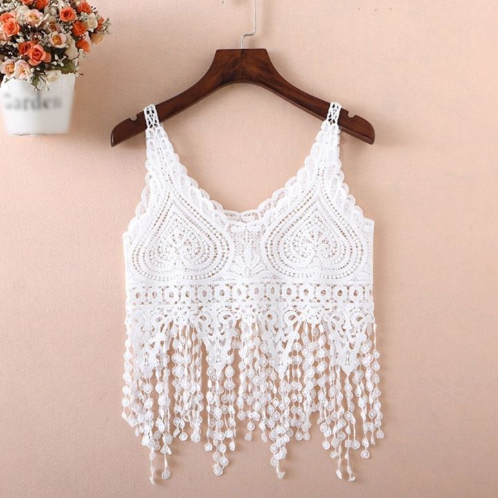 Women Hollow Out Crochet Crop for Tank Top Knit Heart Lace Long Tassels Camisole Sleeveless See-Through Vest Beach Cover