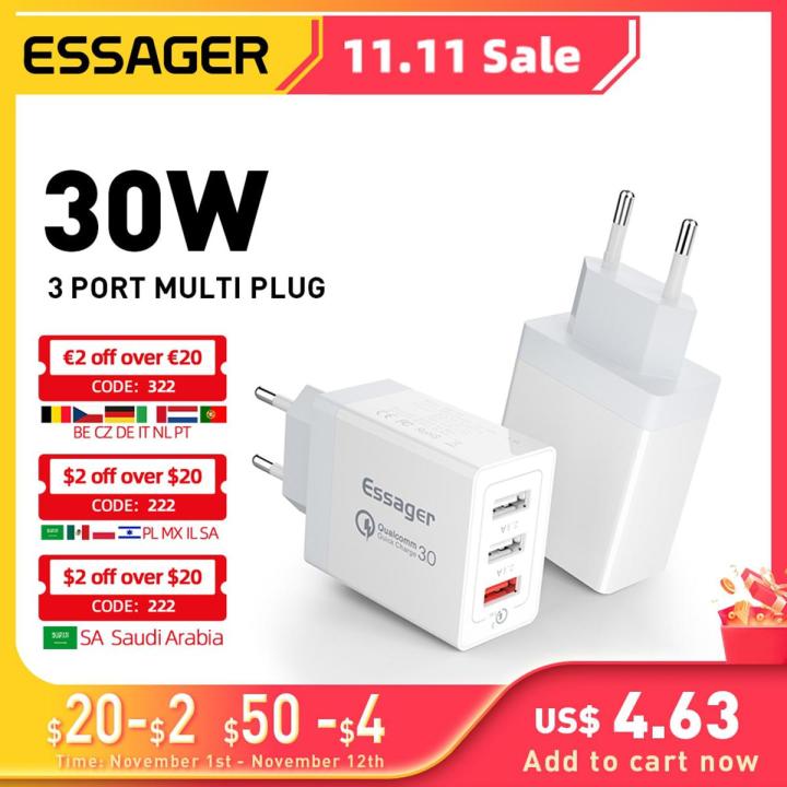 Essager 30W USB Type C Charger Quick Charge 3.0 For iPhone 14 Samsung Xiaomi 3 Port Multi Plug Wall Mobile Phone Fast Charging
