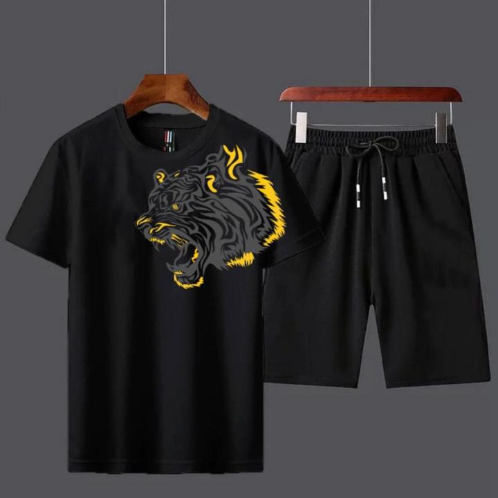 T Shirt and Black Shorts Gym wear Tiger printed summer track Men's Clothing Summer Breathable and comfortable